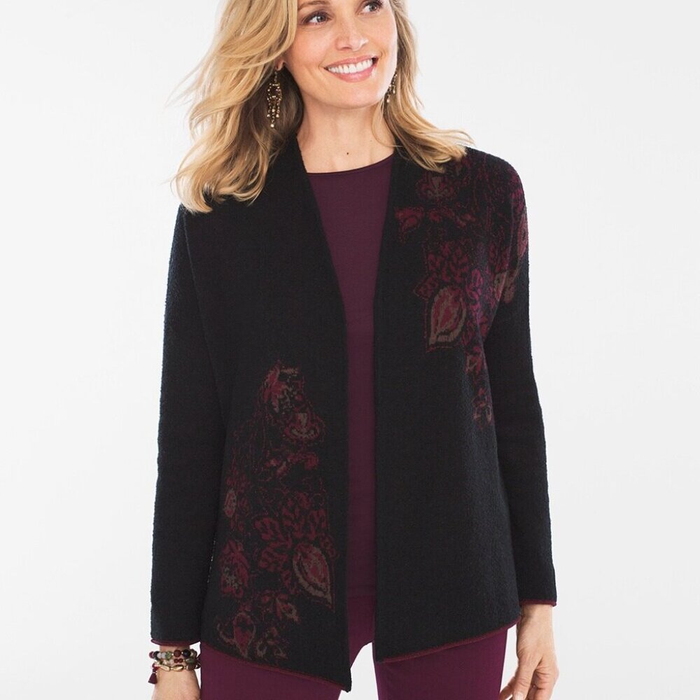 Chicos Cardigan Sweater Open Vibrant Faux Fur Embellished Black Size 0 (XS) NWT